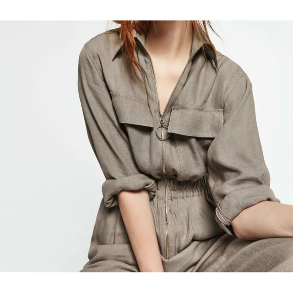 Zara Studio Collection Linen Gray Cargo Jumpsuit size S - Picture 2 of 15